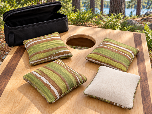 Four Premium Painted Stripe Green cornhole bags with cream Maglite reverse and black carrying case