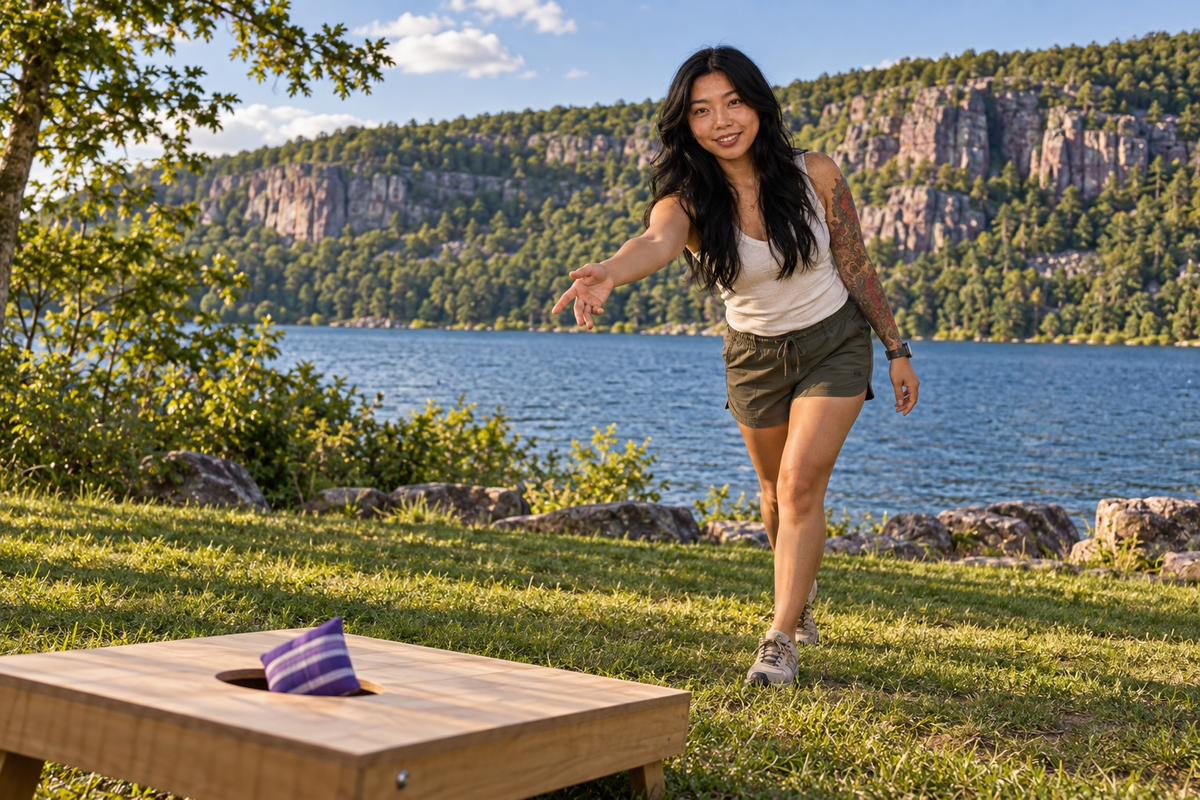 Mini Bo scoring with a Painted Stripe Purple cornhole bag at Devil's Lake, Wisconsin