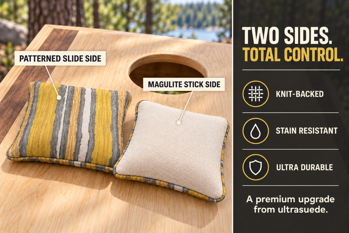 Premium Painted Stripe Yellow cornhole bag feature guide showing patterned slide side and cream Magulite stick side