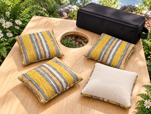 Four Premium Painted Stripe Yellow cornhole bags with cream Maglite reverse and black carrying case