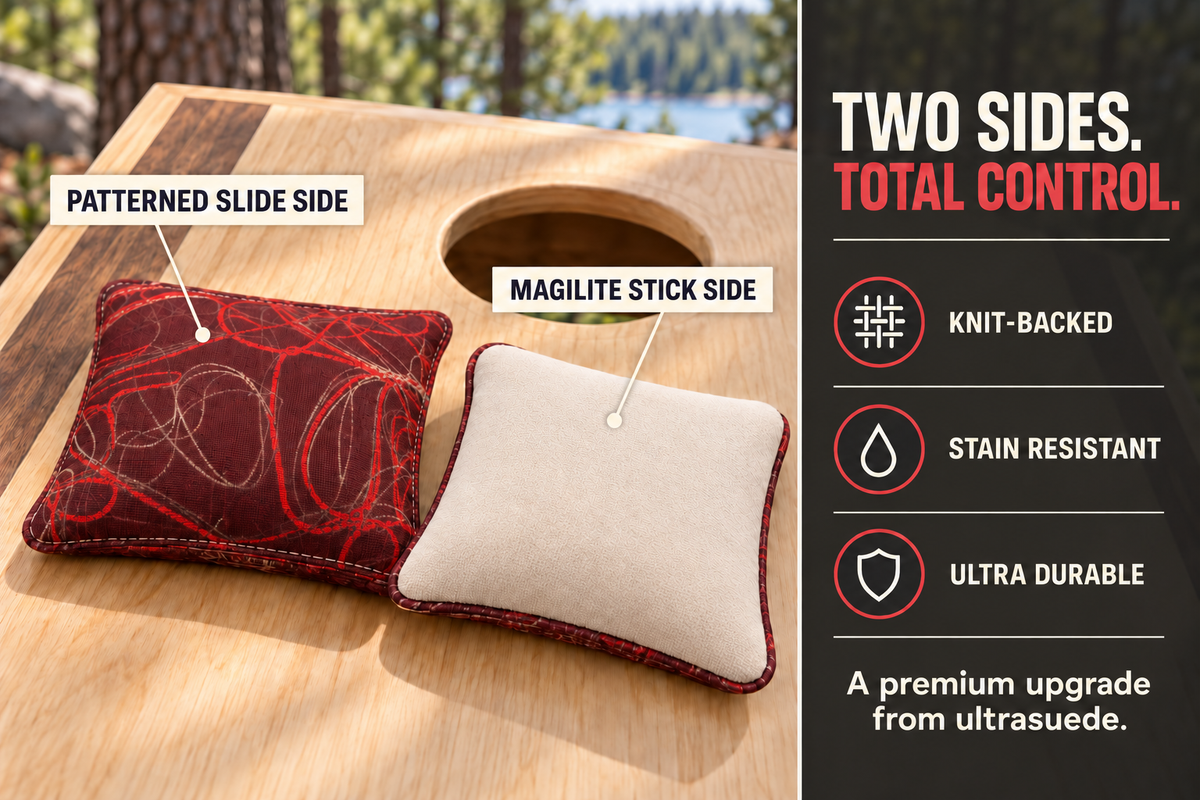 Premium Scribble Firecracker Red cornhole bag feature guide showing patterned slide side and cream Magilite stick side