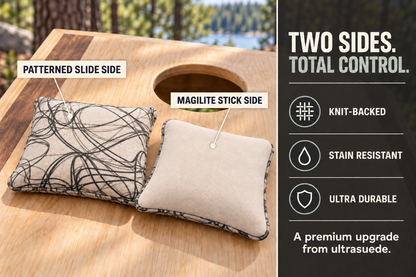 Premium Scribble Morning Mist cornhole bag feature guide showing patterned slide side and cream Magilite stick side