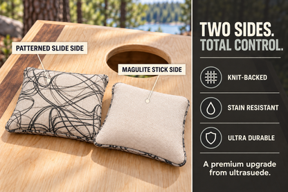 Premium Scribble Morning Mist cornhole bag feature guide showing patterned slide side and cream Magulite stick side
