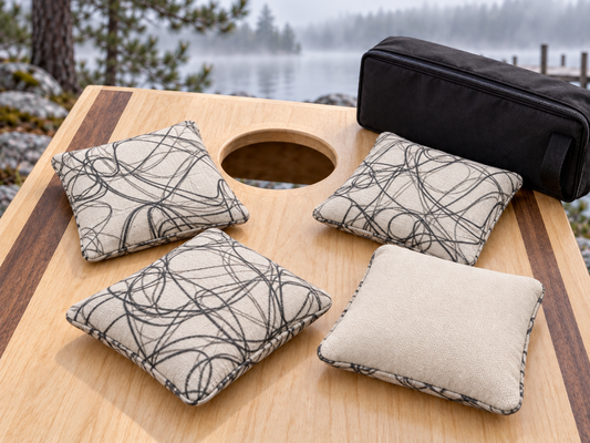 Four Premium Scribble Morning Mist cornhole bags with cream Maglite reverse and black carrying case