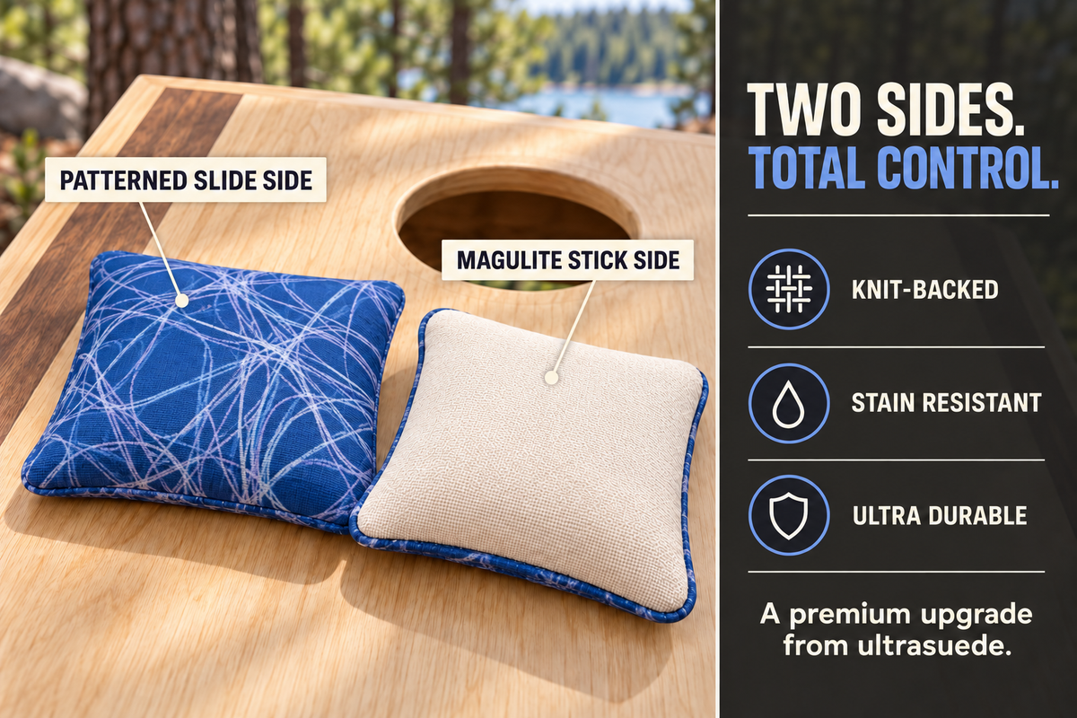 Premium Scribble Sapphire Blue cornhole bag feature guide showing patterned slide side and cream Magulite stick side