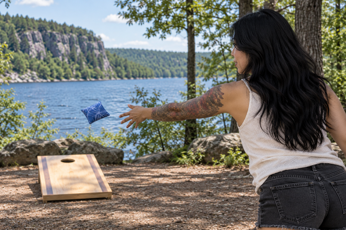 Mini Bo throwing a Scribble Sapphire Blue cornhole bag at Devil's Lake, Wisconsin