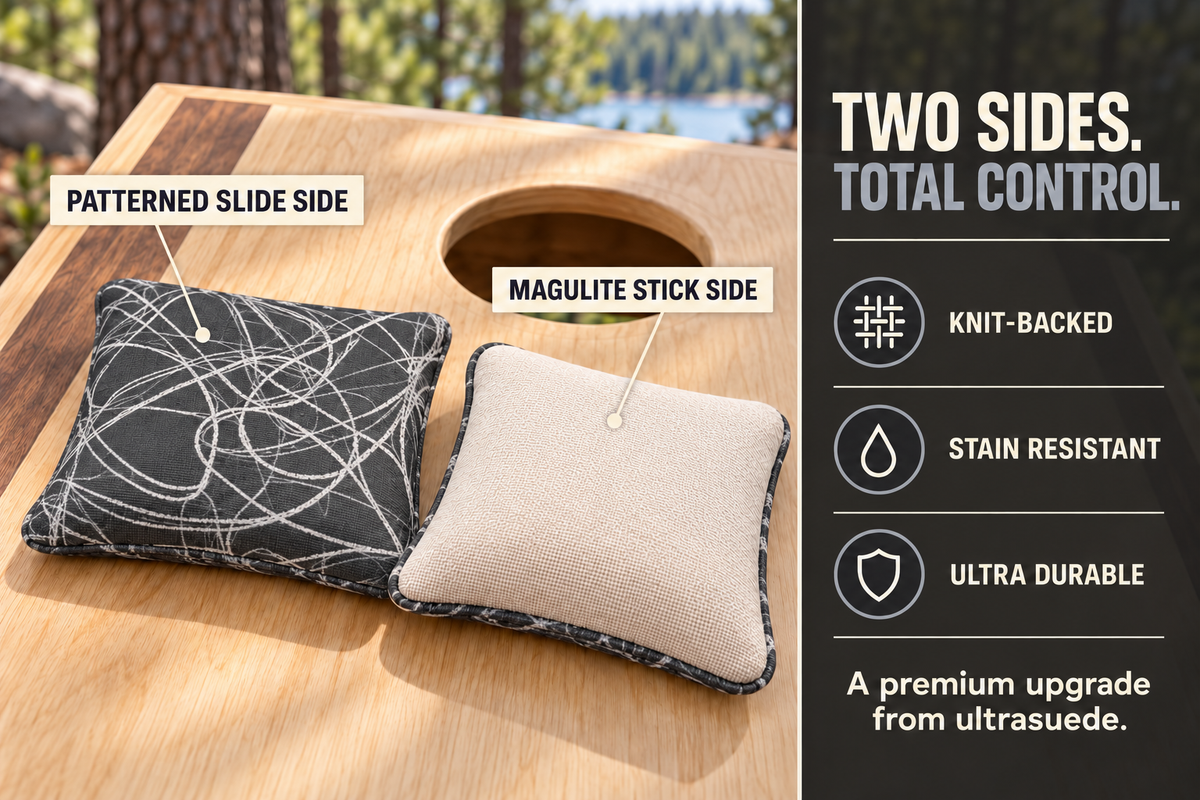Premium Scribble Titanium Gray cornhole bag feature guide showing patterned slide side and cream Magulite stick side