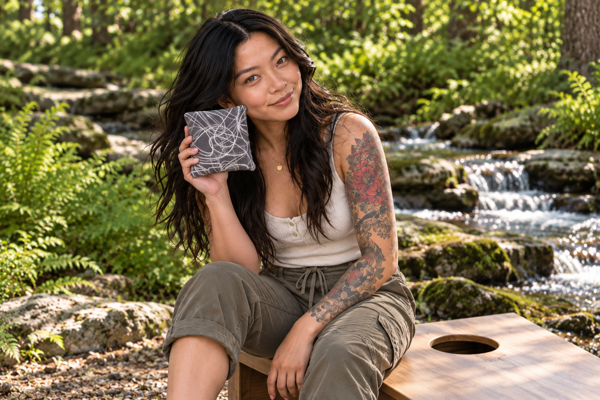 Mini Bo holding a Premium Scribble Titanium Gray cornhole bag beside a creek