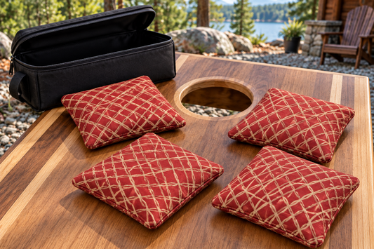 Four Spark Flow Habanero cornhole bags with matching patterned faces and black carrying case