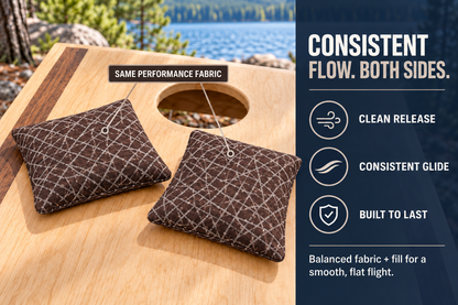 Spark Flow Mocha cornhole bag feature guide showing matching performance fabric on both sides